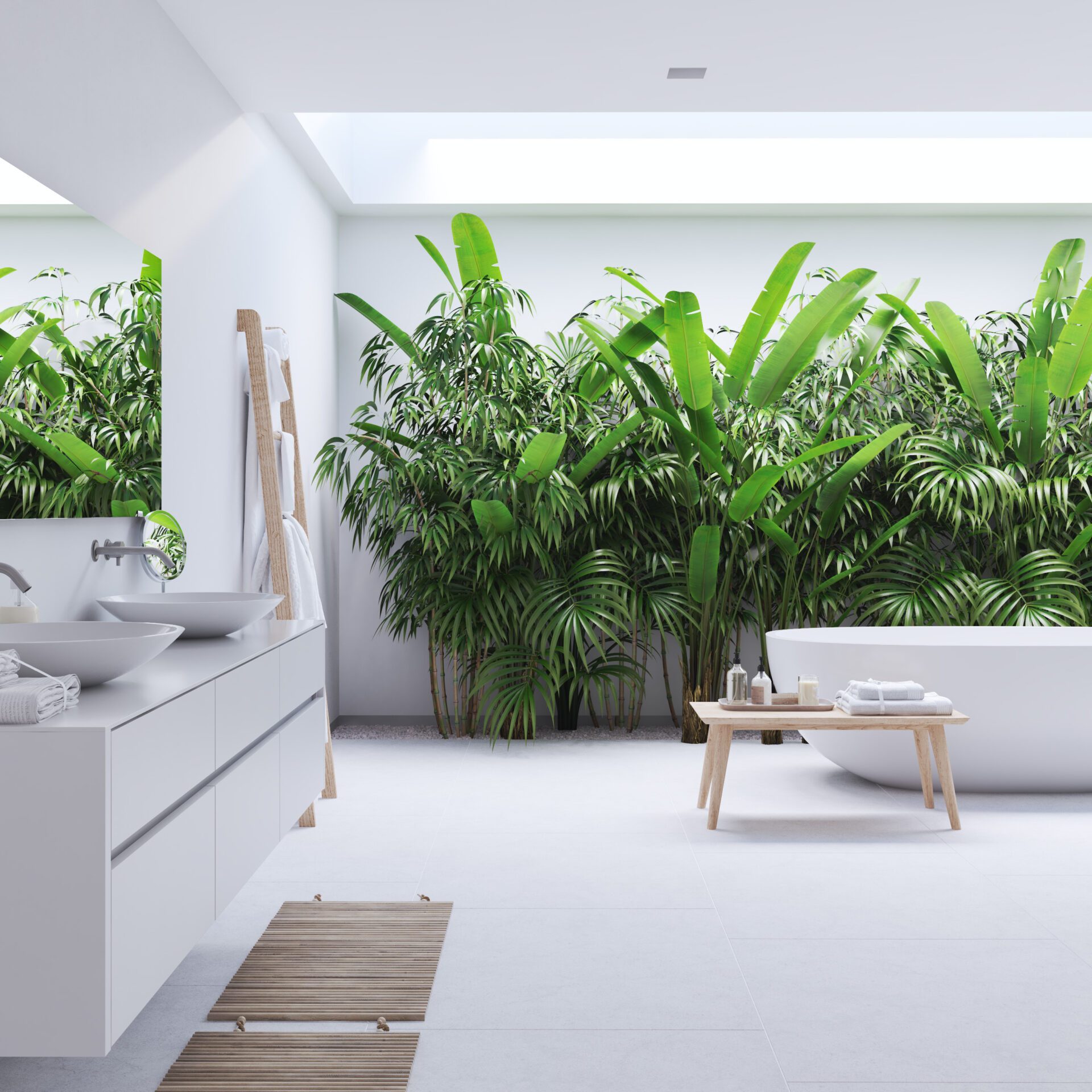 3d,Rendering.,New,Modern,Zen,Bathroom,With,Tropic,Plants