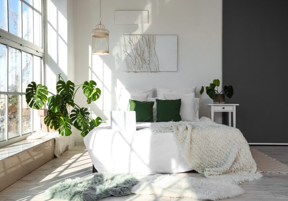 Interior,Of,Light,Bedroom,With,Monstera,Houseplant,And,Bed